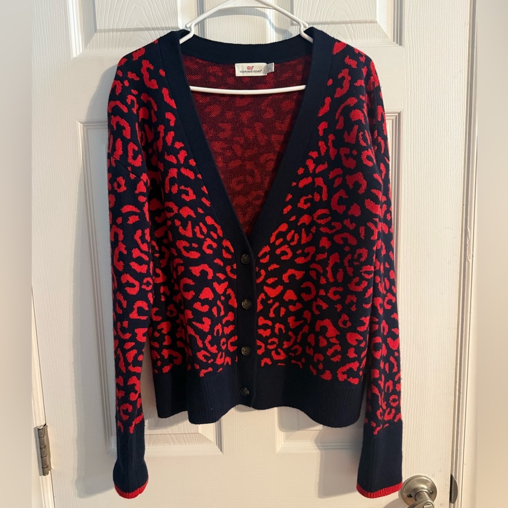 Vineyard‎ Vines Red and Navy Blue Leopard Heavy Cardigan